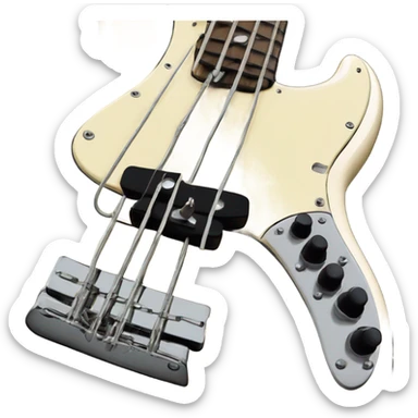 Cream colored fender fretless jazz bass with white tort pick guard sticker