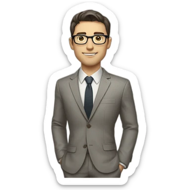 Full height Pale skinned Fit Man With dark brown hair in classic gray suit, beige office shirt, dark gray tie, and vintage glasses. His right hand is directed up sticker