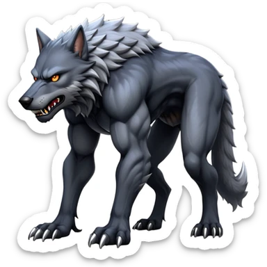 cinematic-noble-fierce-werewolf-full body on all fours-emoji, poised-and-imposing, with a tall, lean, and muscular wolfish frame inspired by the brutal, imposing shape of the beast from Berserk, fur rippling in shades of midnight black and silver, massive paws with razor-sharp claws, elongated limbs and fangs, eyes glowing with an intense, primal ferocity, reflecting the untamed power of the wild moonlit night; rendered with realism like a wolf hunched over sticker
