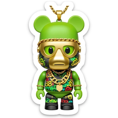 classic bearbrick figure with lime green mask covered in chaotic brand logos, wearing several large gold chains, gold pendant, rapper style accessories, expressive eyebrows sticker