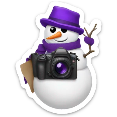 snowman holding a camera with a purple hat sticker