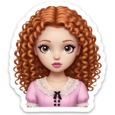 pretty bratz girl, ginger curly hair, freckles, dark brown eyes, pink lips, black eyeliner, pale skin, cute lace girly clothes sticker