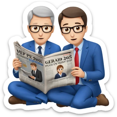 Gérard Larchet et yael braun pivet qui sont assis à genoux et qui lisent un seul et même grand journal et qui semblent émerveillés sur le journal on peut voir marque MEP 2026 au,milieu d’un article  sticker