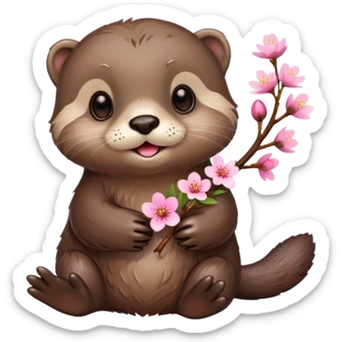 cute otter holding a cherry blossom flower sticker