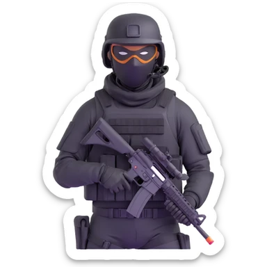 armed figure in all-black tactical gear, shiesty mask, helmet, holding a rifle sticker