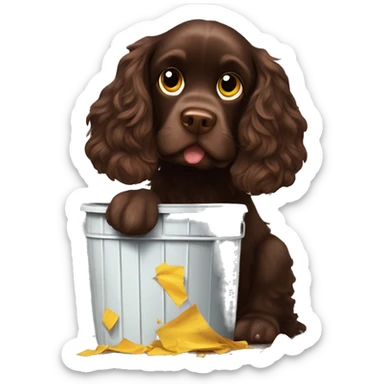 Chocolate brown cocker spaniel stealing rubbish from the dust bin and making a mess sticker