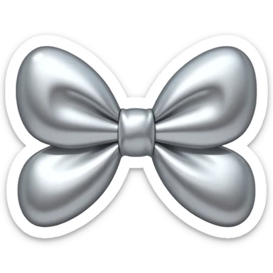 A cute bow emoji made of polished silver chrome, smooth rounded loops, glossy metallic surface, soft mirror reflections, subtle highlights, minimal and adorable proportions, iOS emoji style, centered composition, clean white background, soft studio lighting, no text, no outline, ultra high quality sticker