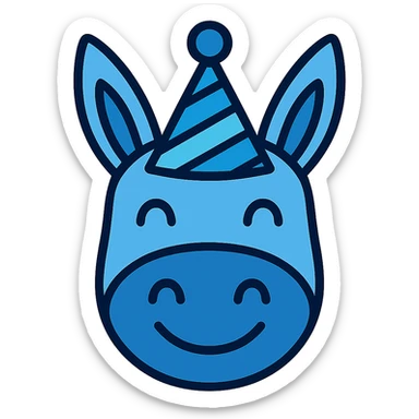 Add a colorful party hat with blue tones to the happy donkey head icon, in color outline style, with no background. sticker