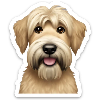 Wheaten terrier with fluffy long hair, black ears and black chin sticker