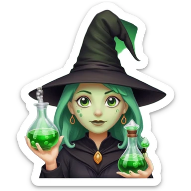 Witch with Green Skin – long-nosed witch in black hat holding potion sticker