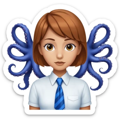 tanned, Doe hazel eyes, Octopus hair cut, White uniform top with blue tie, blue long skirt, Long lashes  sticker
