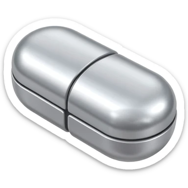 capsule pill emoji, metallic silver halves, smooth glossy finish, futuristic pharmaceutical 3D icon, isolated on white sticker