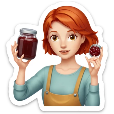 redhead woman showing a glass jar with jam at arms length, closeup sticker