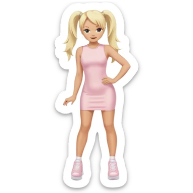 Emma Bunton with long blonde ponytails wearing light pink bodycon dress with white platform sneakers sticker