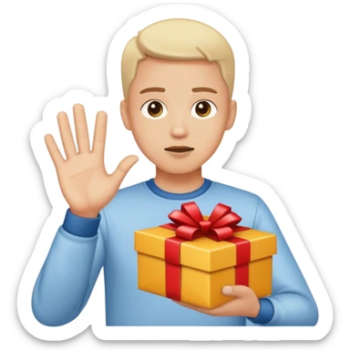 A person politely refusing a gift with a neutral expression and hands raised in rejection sticker