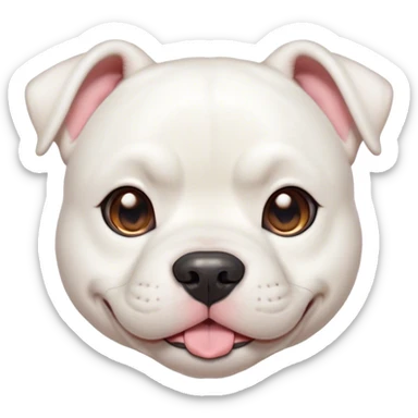 Cinematic Cute White American Bulldog Portrait Emoji, Head tilted playfully and inquisitively, smooth white fur with a healthy sheen, round, sparkling brown eyes filled with curiosity, Simplified yet irresistibly adorable features, highly detailed, glowing with a warm, friendly glow, high shine, affectionate and lively, stylized with a touch of whimsy, bright and endearing, soft glowing outline, capturing the essence of a mischievous yet loving pup, so playful it feels like it could bound out of the screen and into your arms! sticker