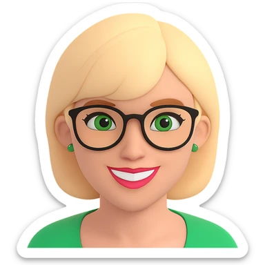 Add stylish glasses to the woman with thick blonde short hair and green eyes in a 3D emoji style. Keep the 3D emoji look consistent and remove the background. sticker