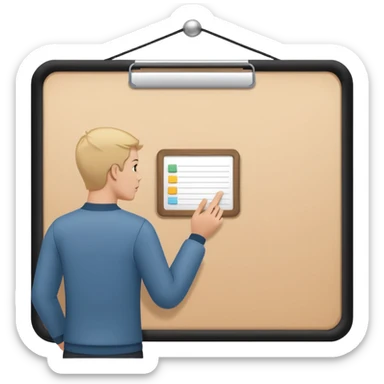 Minimalistic flat vector icon, iOS style, thin black contour on white background. Person silhouette with a project board (kanban/task board) behind. No text, no shadows.
 sticker