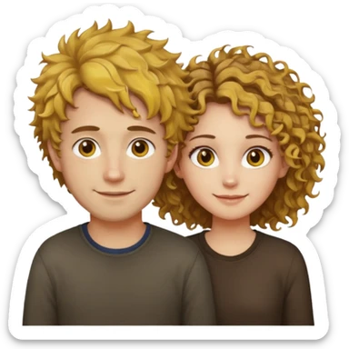 Sarı ve dağınık saçlı ela gözlü beyaz tenli erkek ve saçları koyu kahverengi ,kıvırcık saçlı kız yan yana gülümsüyor sticker