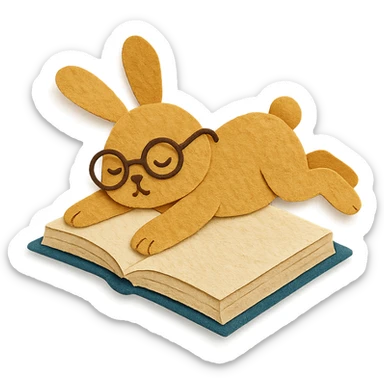full-body biscuit bunny lying on a book with slipping glasses, paper-craft style sticker