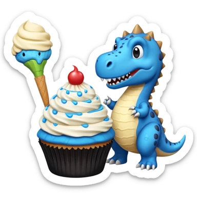 A cupcake having blue and black icing and a dinosaur as a decoration and ice cream next to it sticker