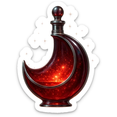 red moon-shaped luxurious elixir bottle, mysterious and mystical, deep red color, iridescent and silver details, extra intense magical glowing and sparkling effects, very small neck, seamless bottom, transparent background, floating, no base or shadow, modern, matching a collection sticker