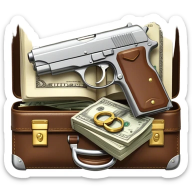 Icon for Action & Crime Reading: an open book, action-packed scenes, featuring a gun, handcuffs, a detective's badge and a briefcase with money. The icon should capture the tension and excitement of crime and action stories. Transparent background. sticker