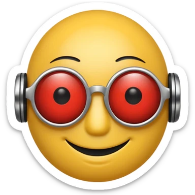 Yellow smiley face head with sunglasses, but the right eye is a red robot eye sticker