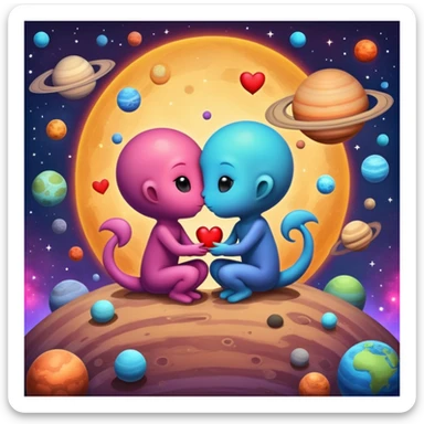 Cute cosmic scene with heart planets and small alien couples kissing and hugging on the planets, colorful solar system sticker