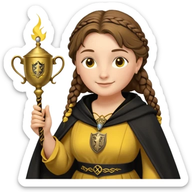 Helga Hufflepuff,the Hogwarts founder of Hufflepuff,brown-haired,2braids,yellow-black medieval dress with black cloak decorated with gold braiding,flickering magic wand and tiny two-handled shiny gold cup engraved with the badger silhouette,very kind smile,curvy busty sweet sticker