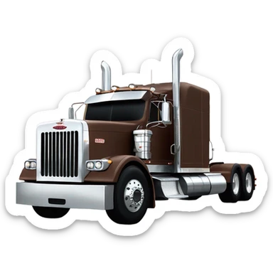 Peterbilt 389 brown cherry with flat top and slash cut exhaust stacks and dual rear tires and flat bumper sticker