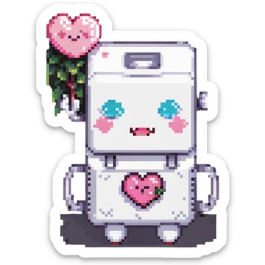 pixel art of an anthropomorphic battery with pink cheeks, winking, holding a tiny heart sticker