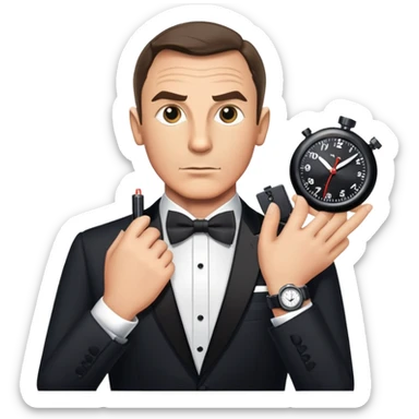 James Bond with spy gadget watch and bow tie sticker