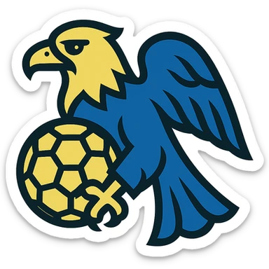 icon of an eagle holding a soccer ball, inspired by Club América, blue and yellow sticker