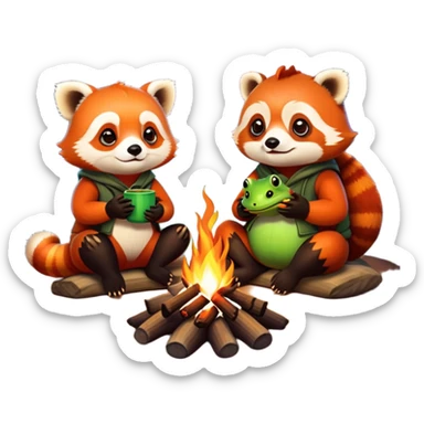 red panda and frog sitting together at a campfire sticker