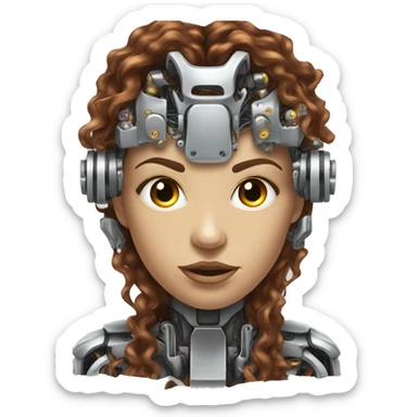 female cyborg head with metallic plated face, long brown curly hair and circuitry sticker