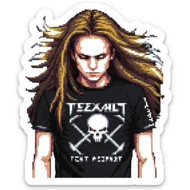 A person headbanging with long hair, wearing a metal band t-shirt sticker