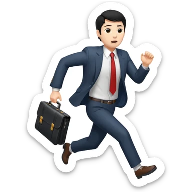 A black-haired man in a suit running with a briefcase sticker