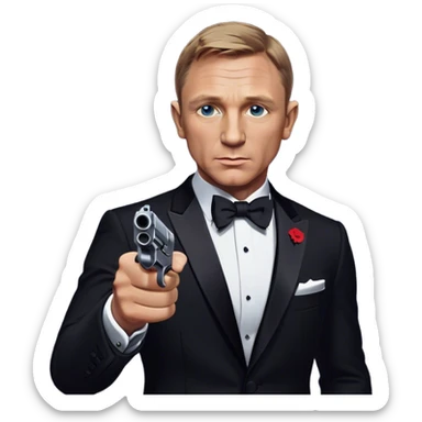 Cinematic Realistic James Bond Daniel Craig Portrait Emoji, depicted as the ultimate suave and enigmatic secret agent, donning a sharply tailored tuxedo, gripping a sleek handgun, with a piercing gaze that exudes confidence and danger. The scene is infused with moody, high-contrast cinematic lighting, evoking the thrilling world of espionage and intrigue. sticker