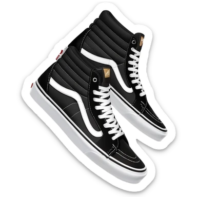 Clean minimalist iOS emoji style pair of black Vans Sk8-Hi high tops with one behind the other, simple forms, flat design, essential white stripe detail sticker
