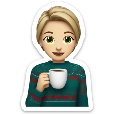 Light brown short haired girl with green eyes drinking coffee wearing blue Christmas sweater sticker