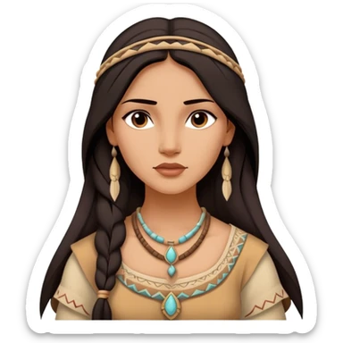 Cinematic Timeless Pocahontas Portrait Emoji, rendered in a realistic, vector style. Depict Pocahontas with warm, glowing skin, naturally flowing dark hair, and a serene, gentle expression, wearing traditional garments in muted earth tones. The design features bold, clean proportions, a soft, inviting glow, and a subtle glowing outline that captures her enduring natural beauty. sticker