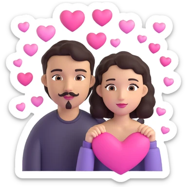 couple emoji: pale girl with long straight dark brown hair, no facial hair; tan boy with short black curly hair, small goatee and separate mustache; surrounded by pink hearts sticker