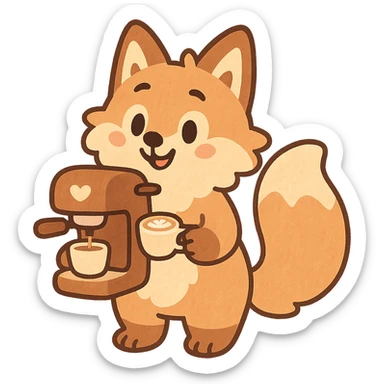 soft pastel style, soft fluffy fox as a coffee maker holding a tiny latte cup, brown and beige tones, full-body sticker