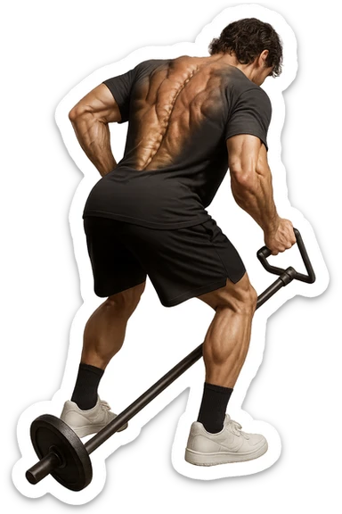 lascia questa immagine identica in cui lui esegue un T-bar con triangolo ma aggiungi fasci muscolari e spina dorsale sulla sua schiena, iperealistico 4k sticker