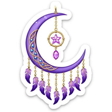 Aesthetic shiny sparkly violet crescent hanging from gold chain dreamcatcher-suncatcher hanging lilac crystals decoration  sticker