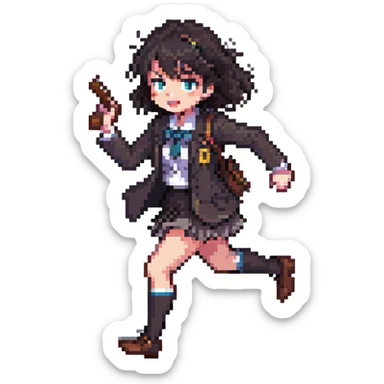 Japanese anime schoolgirl detective running with a clue in hand, dynamic action pose, pixel art style sticker
