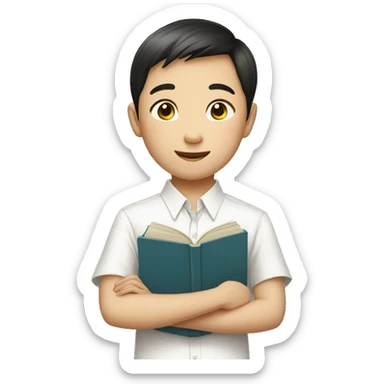 11 year old chinese boy with white formal shirt and a book sticker