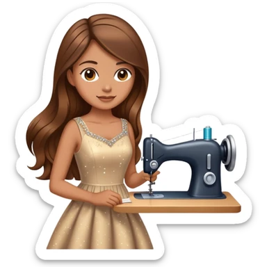 Woman with long brown hair sewing a cute dress with sparkles around her elegant  sticker