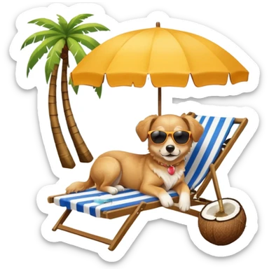 a dog laied on a beach chair, a sunny beach, a sun umbrella, and beach coconut trees. the icon should capture the essence of a relaxing beach vacation with a carefree atmosphere sticker
